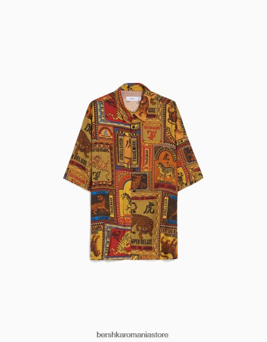 Bershka bărbați cămașă cu mânecă scurtă imprimată portocale Z86D2859 îmbrăcăminte