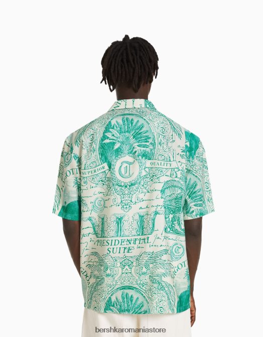 Bershka bărbați cămașă cu mânecă scurtă imprimată verde Z86D2866 îmbrăcăminte
