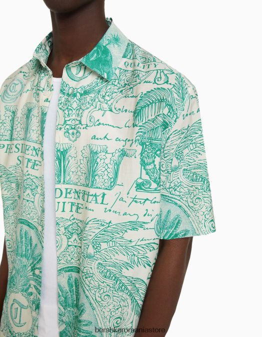 Bershka bărbați cămașă cu mânecă scurtă imprimată verde Z86D2866 îmbrăcăminte