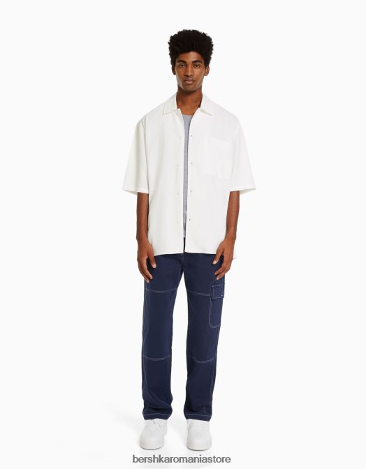 Bershka bărbați cămașă cu mânecă scurtă, în formă relaxată alb Z86D2904 îmbrăcăminte