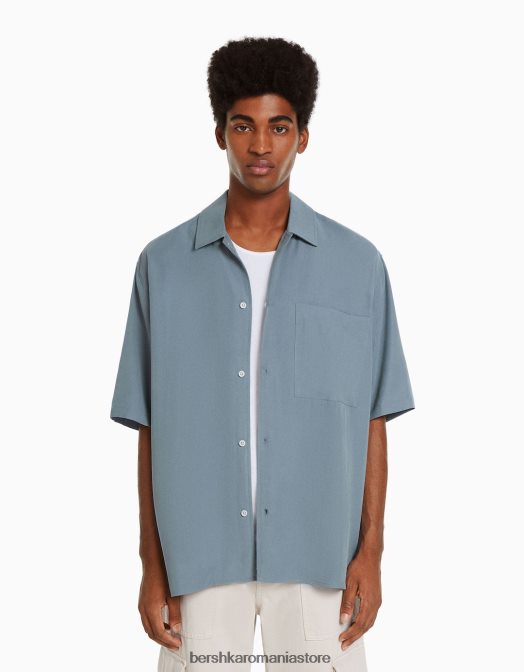 Bershka bărbați cămașă cu mânecă scurtă, în formă relaxată albastru deschis Z86D2906 îmbrăcăminte