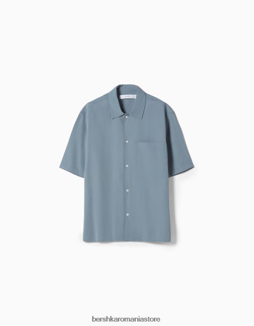 Bershka bărbați cămașă cu mânecă scurtă, în formă relaxată albastru deschis Z86D2906 îmbrăcăminte