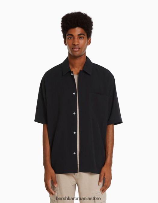 Bershka bărbați cămașă cu mânecă scurtă, în formă relaxată negru Z86D2907 îmbrăcăminte