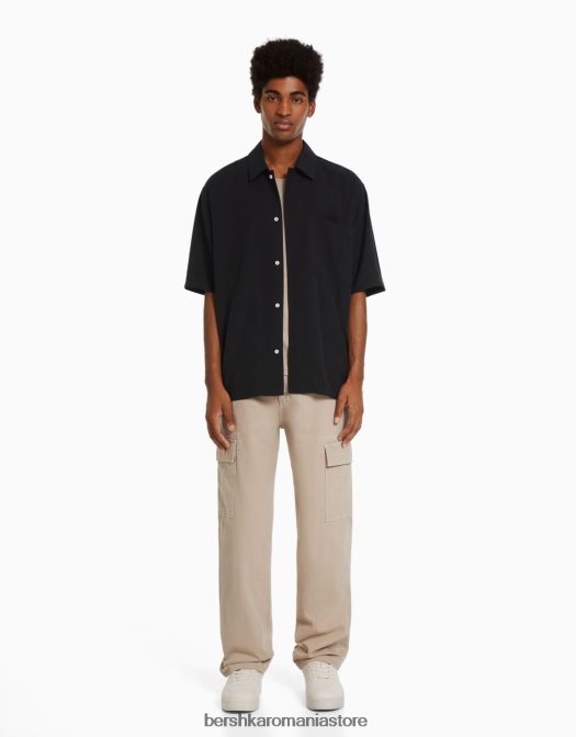 Bershka bărbați cămașă cu mânecă scurtă, în formă relaxată negru Z86D2907 îmbrăcăminte