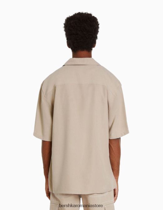 Bershka bărbați cămașă cu mânecă scurtă, în formă relaxată nisip Z86D2905 îmbrăcăminte