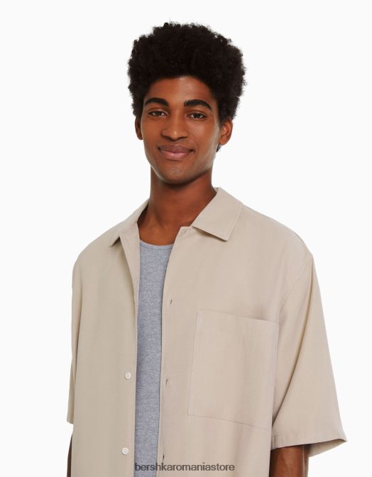 Bershka bărbați cămașă cu mânecă scurtă, în formă relaxată nisip Z86D2905 îmbrăcăminte