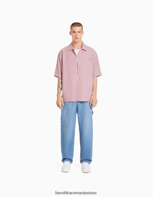 Bershka bărbați cămașă cu mânecă scurtă, în formă relaxată roz Z86D2908 îmbrăcăminte