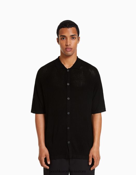 Bershka bărbați cămașă de bază din tricot deschis cu mânecă scurtă negru Z86D2924 îmbrăcăminte