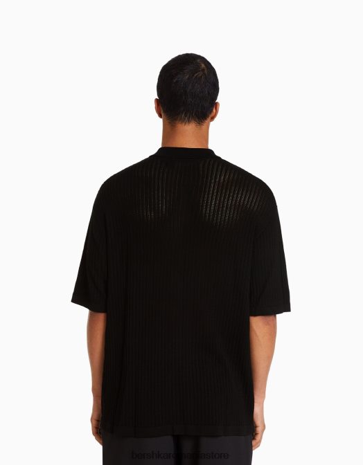 Bershka bărbați cămașă de bază din tricot deschis cu mânecă scurtă negru Z86D2924 îmbrăcăminte
