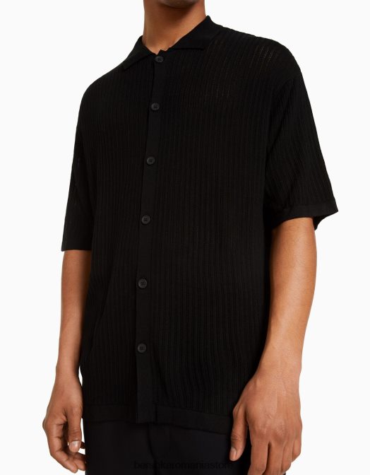 Bershka bărbați cămașă de bază din tricot deschis cu mânecă scurtă negru Z86D2924 îmbrăcăminte