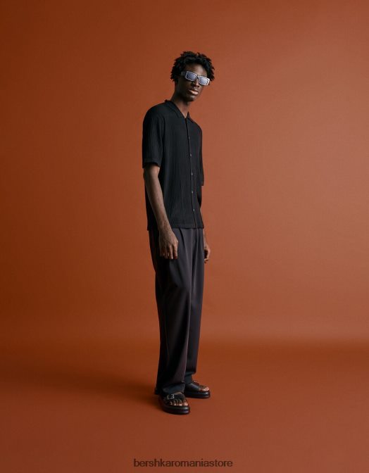 Bershka bărbați cămașă de bază din tricot deschis cu mânecă scurtă negru Z86D2924 îmbrăcăminte