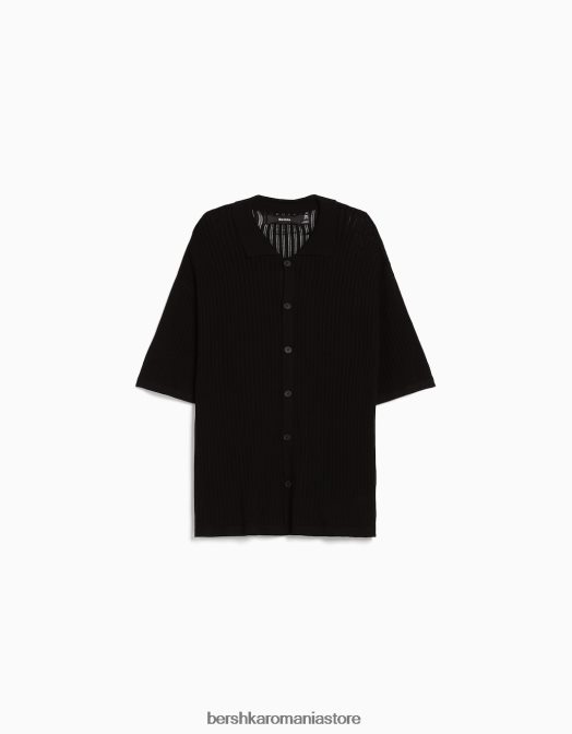 Bershka bărbați cămașă de bază din tricot deschis cu mânecă scurtă negru Z86D2924 îmbrăcăminte
