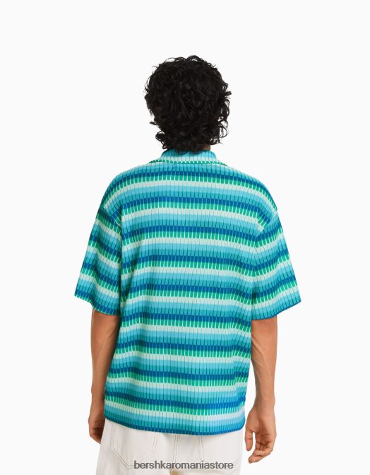 Bershka bărbați cămașă de bowling cu imprimeu retro albastru Z86D2911 îmbrăcăminte