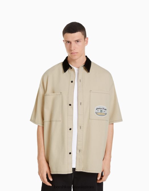 Bershka bărbați cămașă de muncitor din denim cu mânecă scurtă cremă Z86D2882 îmbrăcăminte