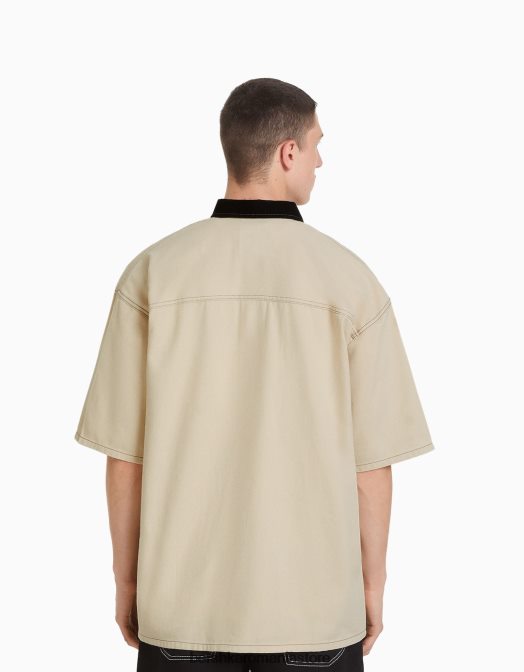 Bershka bărbați cămașă de muncitor din denim cu mânecă scurtă cremă Z86D2882 îmbrăcăminte