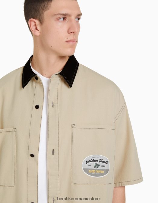 Bershka bărbați cămașă de muncitor din denim cu mânecă scurtă cremă Z86D2882 îmbrăcăminte