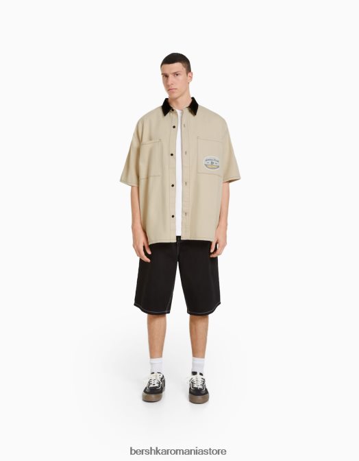 Bershka bărbați cămașă de muncitor din denim cu mânecă scurtă cremă Z86D2882 îmbrăcăminte