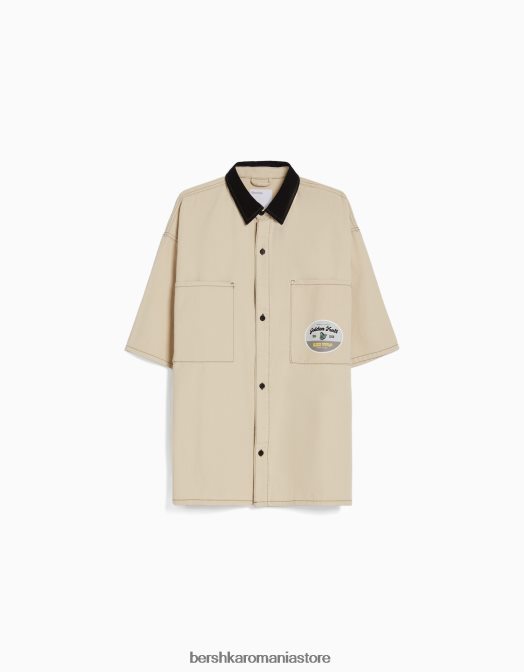 Bershka bărbați cămașă de muncitor din denim cu mânecă scurtă cremă Z86D2882 îmbrăcăminte