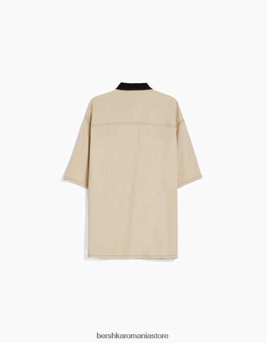 Bershka bărbați cămașă de muncitor din denim cu mânecă scurtă cremă Z86D2882 îmbrăcăminte