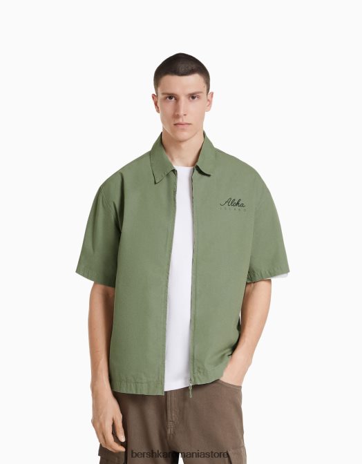 Bershka bărbați cămașă din bumbac cu mânecă scurtă imprimată kaki Z86D2876 îmbrăcăminte