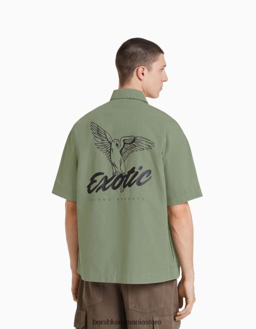Bershka bărbați cămașă din bumbac cu mânecă scurtă imprimată kaki Z86D2876 îmbrăcăminte