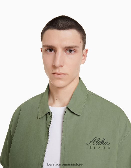 Bershka bărbați cămașă din bumbac cu mânecă scurtă imprimată kaki Z86D2876 îmbrăcăminte