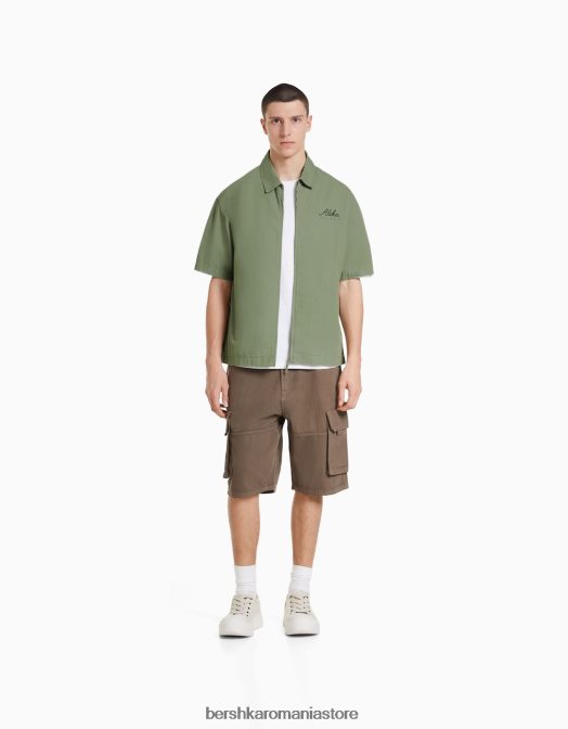 Bershka bărbați cămașă din bumbac cu mânecă scurtă imprimată kaki Z86D2876 îmbrăcăminte