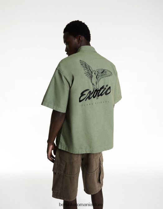 Bershka bărbați cămașă din bumbac cu mânecă scurtă imprimată kaki Z86D2876 îmbrăcăminte