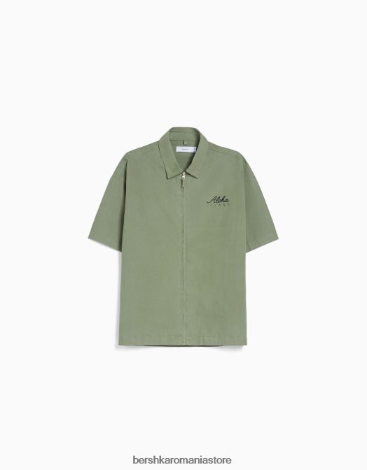 Bershka bărbați cămașă din bumbac cu mânecă scurtă imprimată kaki Z86D2876 îmbrăcăminte