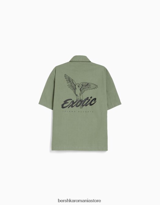 Bershka bărbați cămașă din bumbac cu mânecă scurtă imprimată kaki Z86D2876 îmbrăcăminte