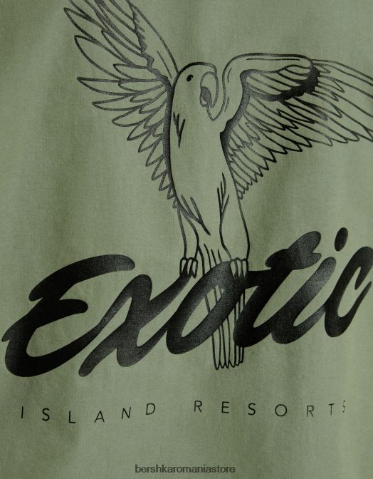 Bershka bărbați cămașă din bumbac cu mânecă scurtă imprimată kaki Z86D2876 îmbrăcăminte