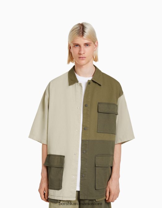 Bershka bărbați cămașă din denim cu mânecă scurtă kaki Z86D2881 îmbrăcăminte