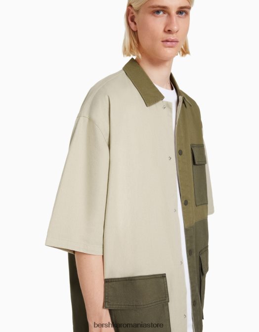 Bershka bărbați cămașă din denim cu mânecă scurtă kaki Z86D2881 îmbrăcăminte