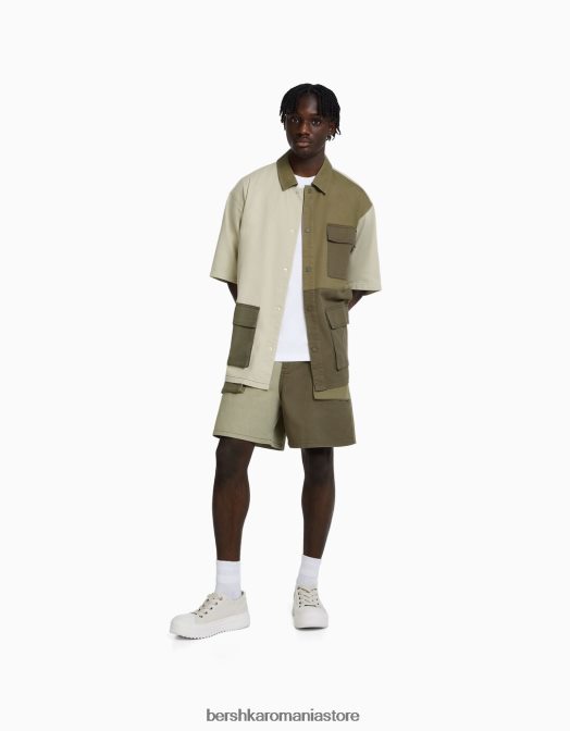 Bershka bărbați cămașă din denim cu mânecă scurtă kaki Z86D2881 îmbrăcăminte
