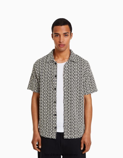 Bershka bărbați cămașă din tricot cu mânecă scurtă imprimată cremă Z86D2872 îmbrăcăminte