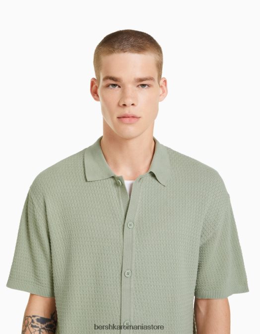 Bershka bărbați cămașă din tricot cu mânecă scurtă texturată verde Z86D2901 îmbrăcăminte