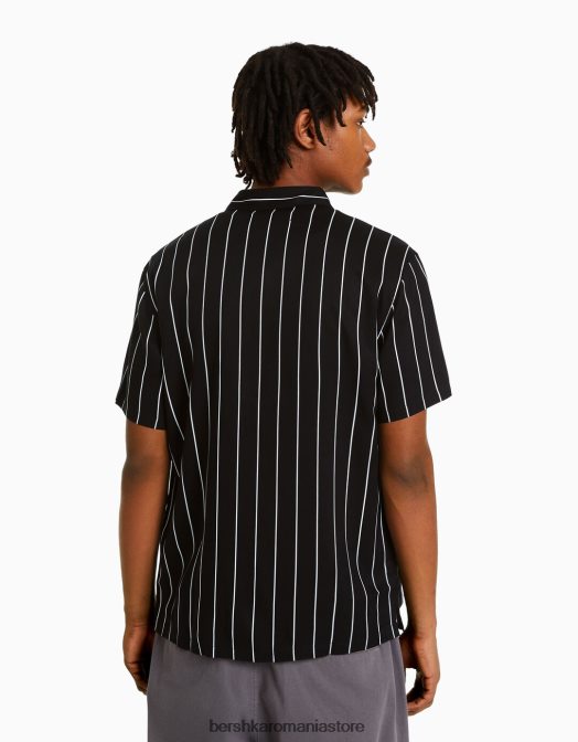 Bershka bărbați cămașă din twill în dungi cu mânecă scurtă alb negru Z86D2930 îmbrăcăminte