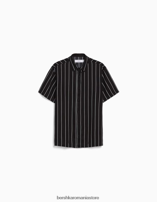 Bershka bărbați cămașă din twill în dungi cu mânecă scurtă alb negru Z86D2930 îmbrăcăminte