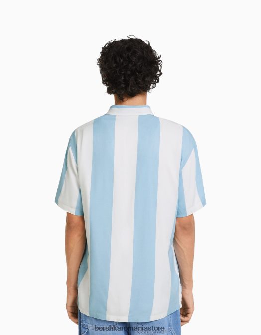 Bershka bărbați cămașă din twill în dungi cu mânecă scurtă albastru deschis Z86D2929 îmbrăcăminte