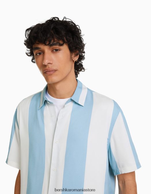 Bershka bărbați cămașă din twill în dungi cu mânecă scurtă albastru deschis Z86D2929 îmbrăcăminte