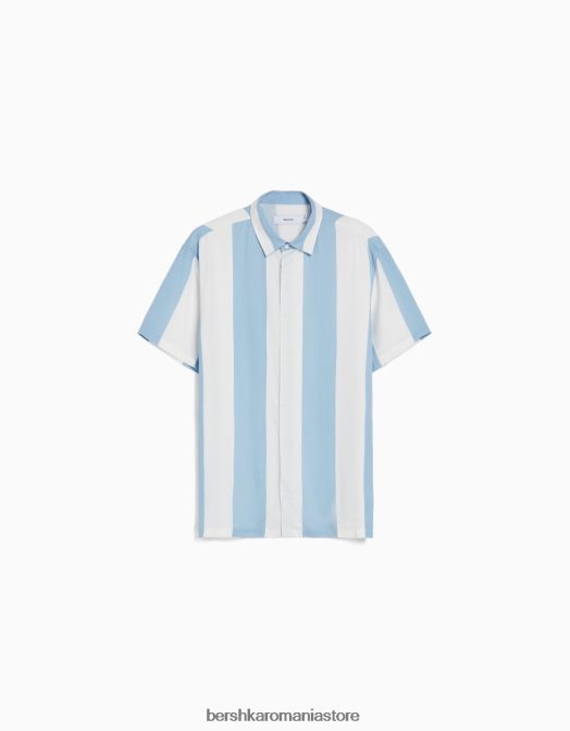 Bershka bărbați cămașă din twill în dungi cu mânecă scurtă albastru deschis Z86D2929 îmbrăcăminte