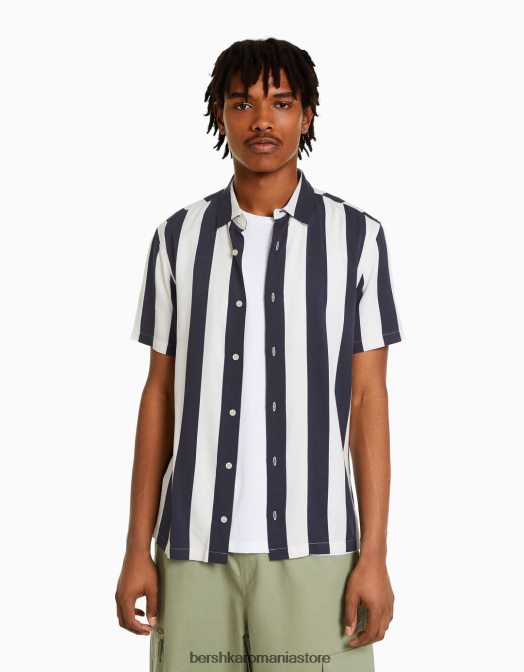Bershka bărbați cămașă din twill în dungi cu mânecă scurtă marina Z86D2932 îmbrăcăminte