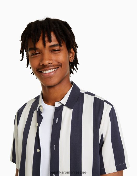 Bershka bărbați cămașă din twill în dungi cu mânecă scurtă marina Z86D2932 îmbrăcăminte