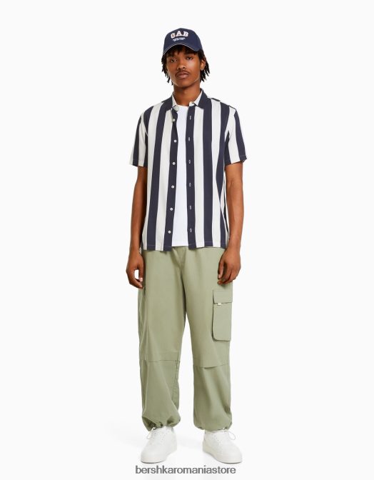 Bershka bărbați cămașă din twill în dungi cu mânecă scurtă marina Z86D2932 îmbrăcăminte
