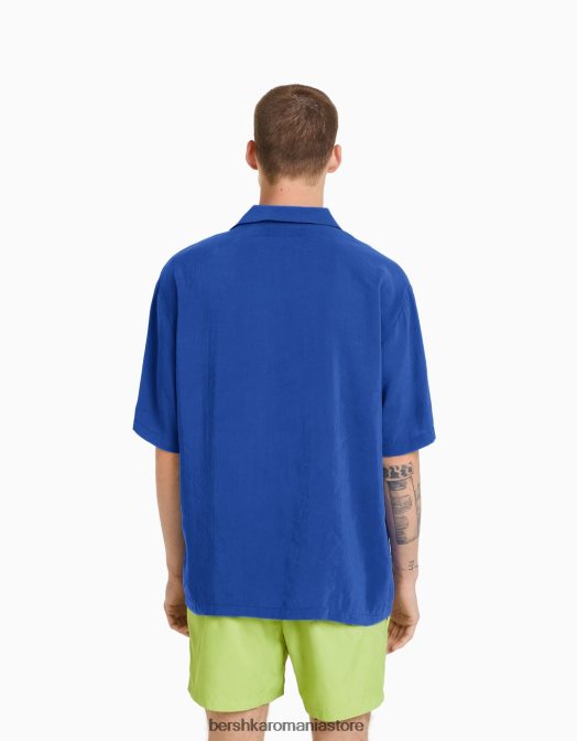 Bershka bărbați cămașă fluidă cu mânecă scurtă albastru Z86D2920 îmbrăcăminte