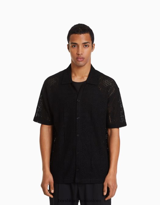 Bershka bărbați cămașă neagră cu flori croșetate negru Z86D2922 îmbrăcăminte