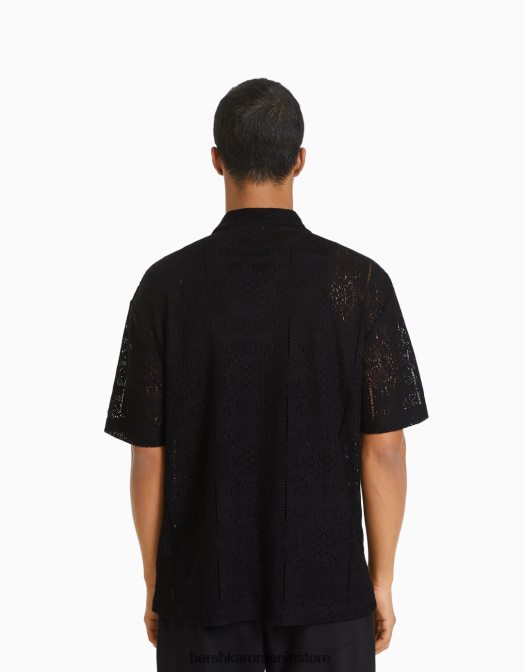 Bershka bărbați cămașă neagră cu flori croșetate negru Z86D2922 îmbrăcăminte