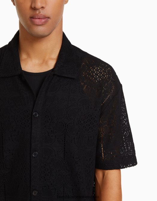 Bershka bărbați cămașă neagră cu flori croșetate negru Z86D2922 îmbrăcăminte