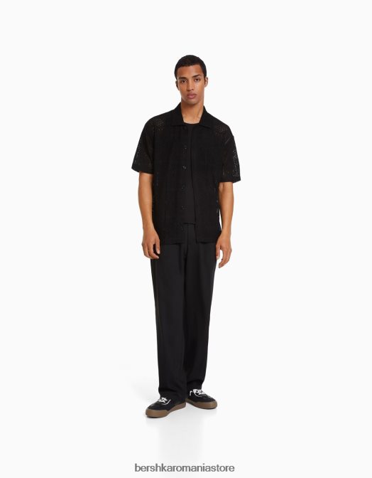 Bershka bărbați cămașă neagră cu flori croșetate negru Z86D2922 îmbrăcăminte