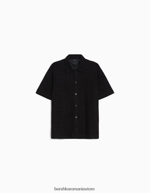 Bershka bărbați cămașă neagră cu flori croșetate negru Z86D2922 îmbrăcăminte